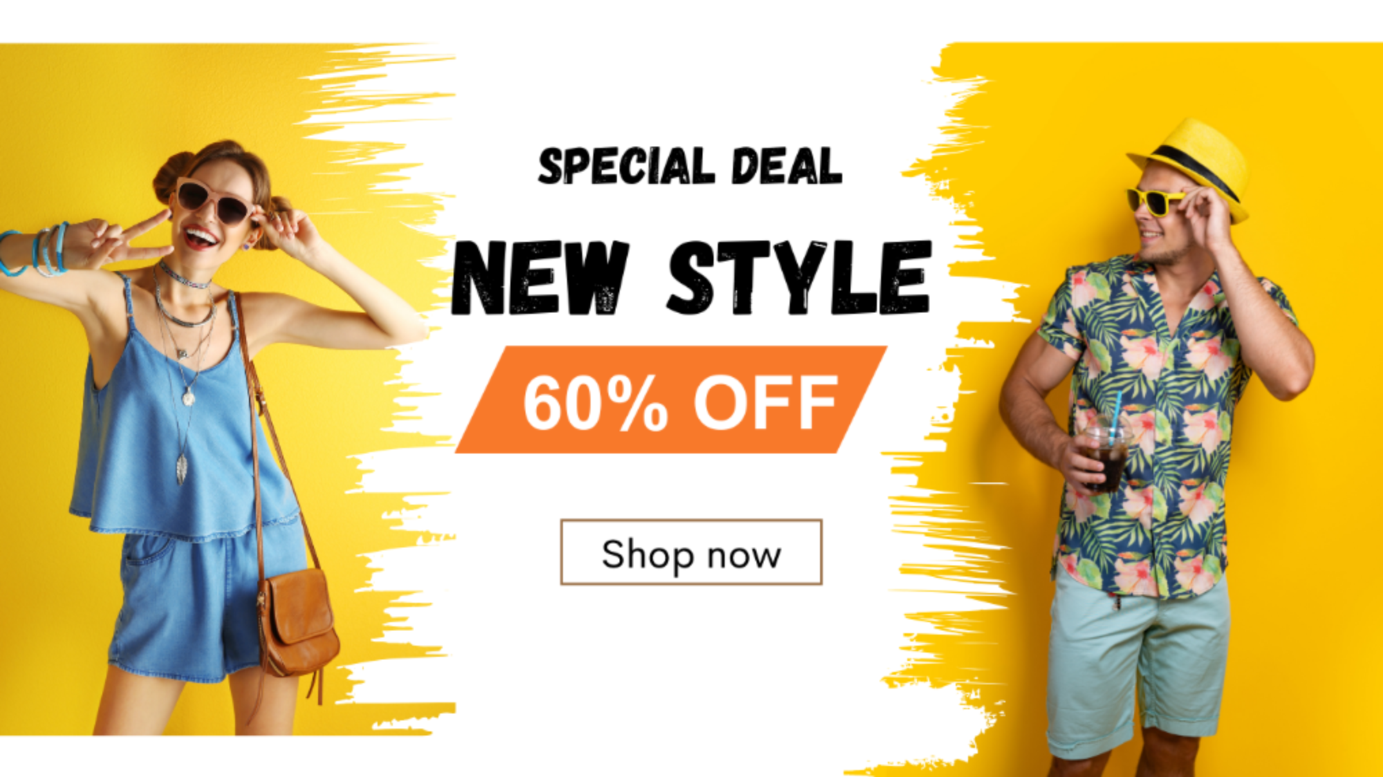 Promotional banner with two people wearing sunglasses and summer clothing, featuring a special deal on new styles with 60% off.