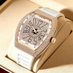 Men's Iced Out Diamond Luxury Fashion Watch – Full Rhinestone Tonneau Quartz Watch with Working Date & Premium Textured Strap | Hip Hop Bling Style (Green)