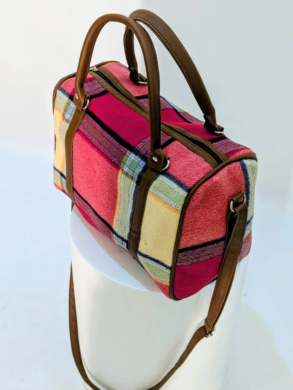 Colorblock Plaid Handbag | Structured Tote with Faux Leather Trim & Detachable Strap