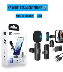 K8 3-in-1 Wireless Lavalier Microphone | Noise Reduction Clip-On Mic