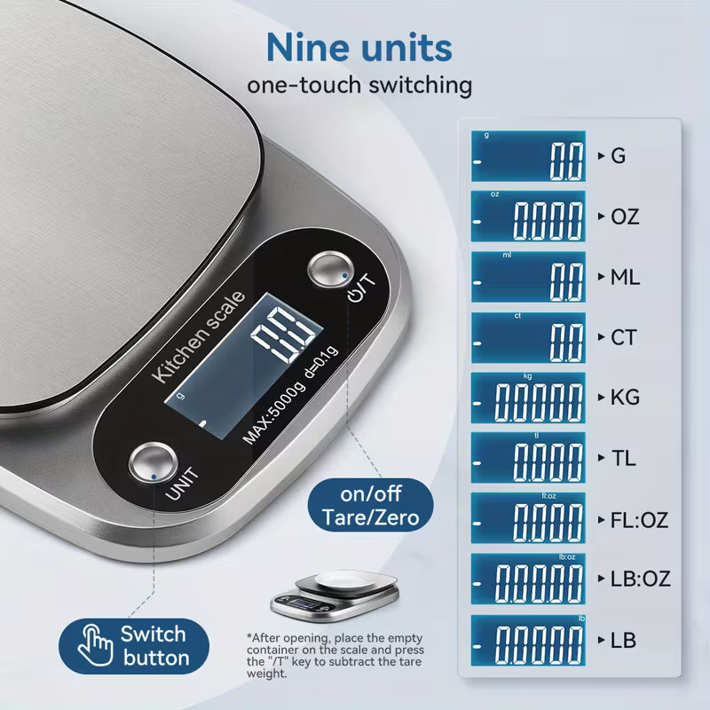 1pc 10kg Large Capacity, Accurate to 1g/5kg Capacity, Accurate to 0.1g Electronic Kitchen Scale, Suitable for Baking, Food Weighing | One-Touch Reset, Unit Switch, LCD Display, Auto-Off Feature, Battery Operated (AAA Not Included)
