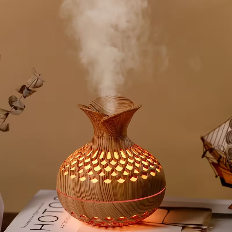 A Dual-spray Mode USB-powered Humidifier Featuring a Wooden Exterior Design with an Elegant and Sophisticated Style That Creates a Rich Ambiance. Its Dual-spray Modes Cater to Various Humidification Needs, While the High-quality Mist Effectively