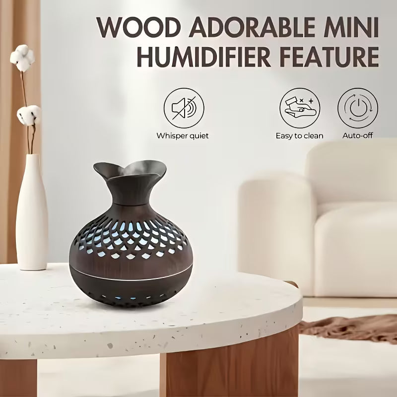 A Dual-spray Mode USB-powered Humidifier Featuring a Wooden Exterior Design with an Elegant and Sophisticated Style That Creates a Rich Ambiance. Its Dual-spray Modes Cater to Various Humidification Needs, While the High-quality Mist Effectively