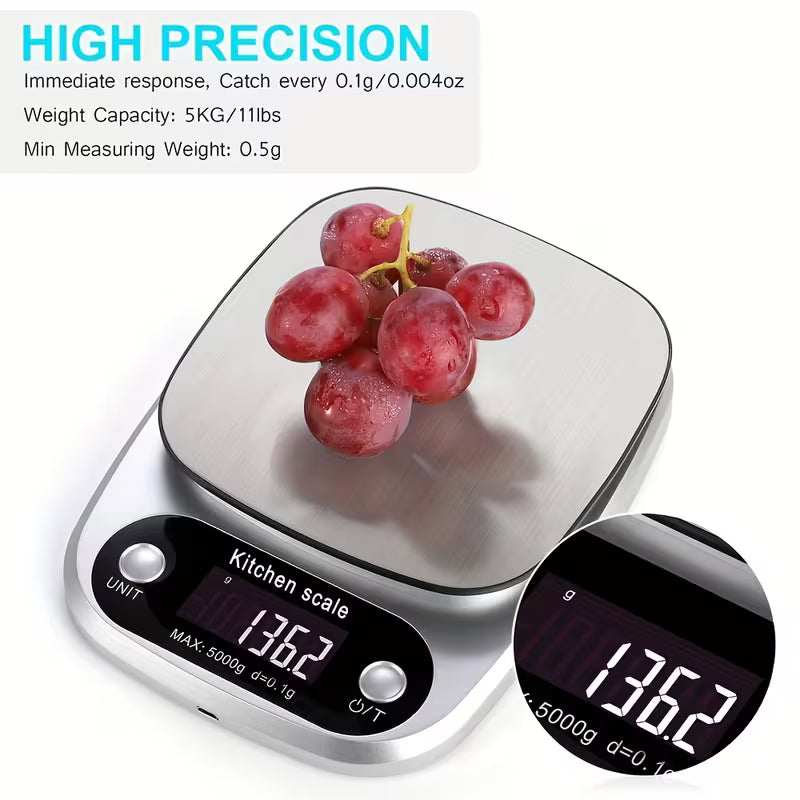 1pc 10kg Large Capacity, Accurate to 1g/5kg Capacity, Accurate to 0.1g Electronic Kitchen Scale, Suitable for Baking, Food Weighing | One-Touch Reset, Unit Switch, LCD Display, Auto-Off Feature, Battery Operated (AAA Not Included)