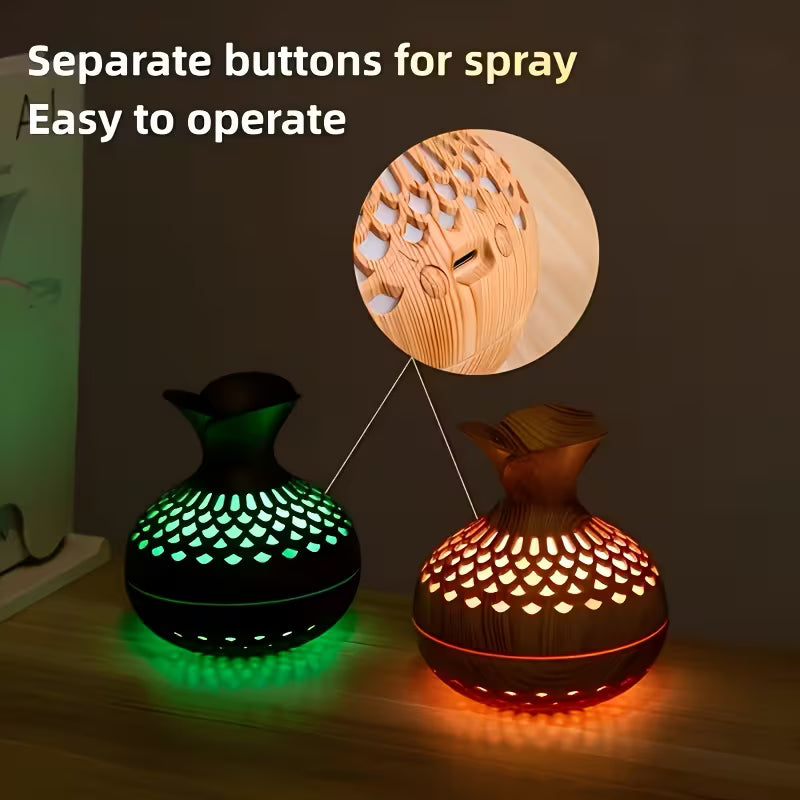 A Dual-spray Mode USB-powered Humidifier Featuring a Wooden Exterior Design with an Elegant and Sophisticated Style That Creates a Rich Ambiance. Its Dual-spray Modes Cater to Various Humidification Needs, While the High-quality Mist Effectively