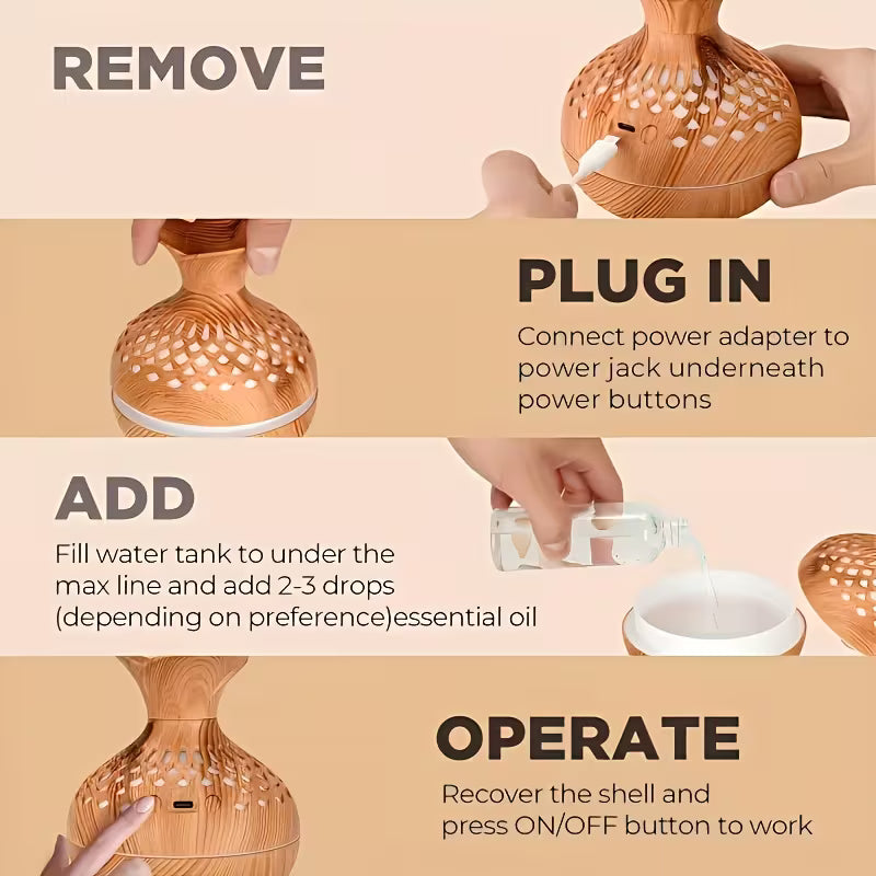 A Dual-spray Mode USB-powered Humidifier Featuring a Wooden Exterior Design with an Elegant and Sophisticated Style That Creates a Rich Ambiance. Its Dual-spray Modes Cater to Various Humidification Needs, While the High-quality Mist Effectively