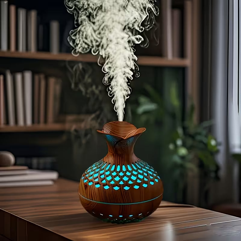 A Dual-spray Mode USB-powered Humidifier Featuring a Wooden Exterior Design with an Elegant and Sophisticated Style That Creates a Rich Ambiance. Its Dual-spray Modes Cater to Various Humidification Needs, While the High-quality Mist Effectively