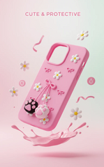 3D Cat Paw Daisy Phone Case Soft Silicone with Floral & Bow Design