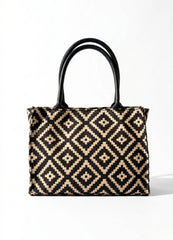 Geometric Pattern Handbag for Women – Trendy Black & Beige Tote Bag