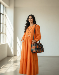 Textured Co-Ord Suit Set | Orange Maxi Dress with Button Detail & Gathered Cuffs