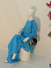 Azure Textured Co-Ord Set | Blue Long Sleeve Maxi Dress with Button Detail