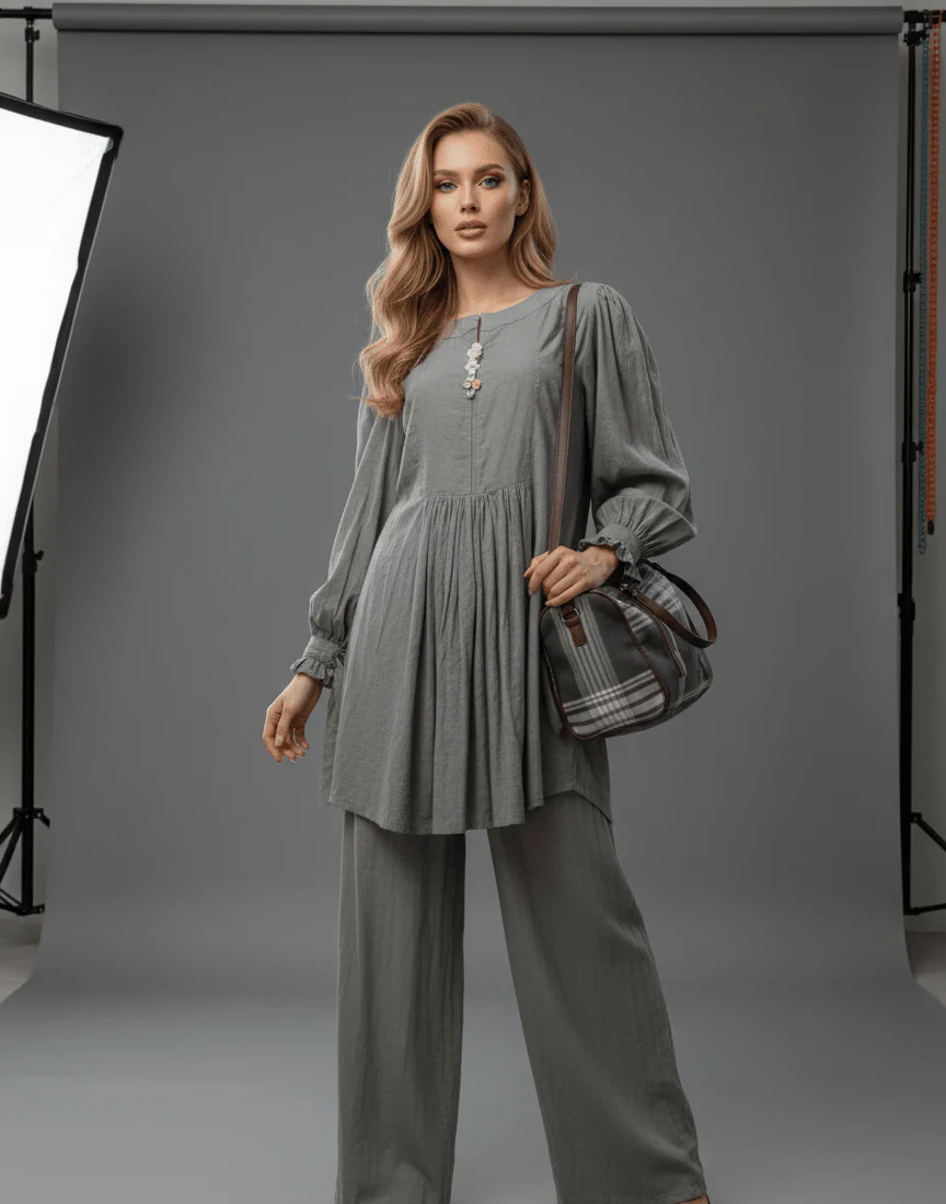 Textured Co-Ord Set – Long Tunic & Wide-Leg Pants for Women