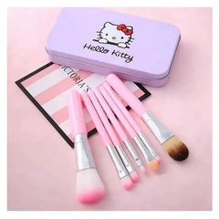 Hello Kitty 7-Piece Makeup Brush Set | Soft Pink Brushes with Purple Metal Storage Case