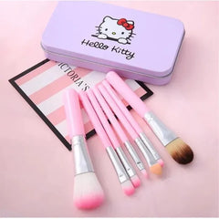 Hello Kitty 7-Piece Makeup Brush Set | Soft Pink Brushes with Purple Metal Storage Case