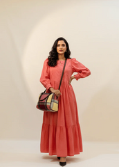 Aurora Button Co-Ord Set | Coral Maxi Dress with Puff Sleeves & Button Detail