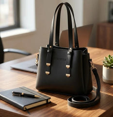 Handbag with Shoulder Strap for Women – Structured PU Leather Bag with Gold Hardware