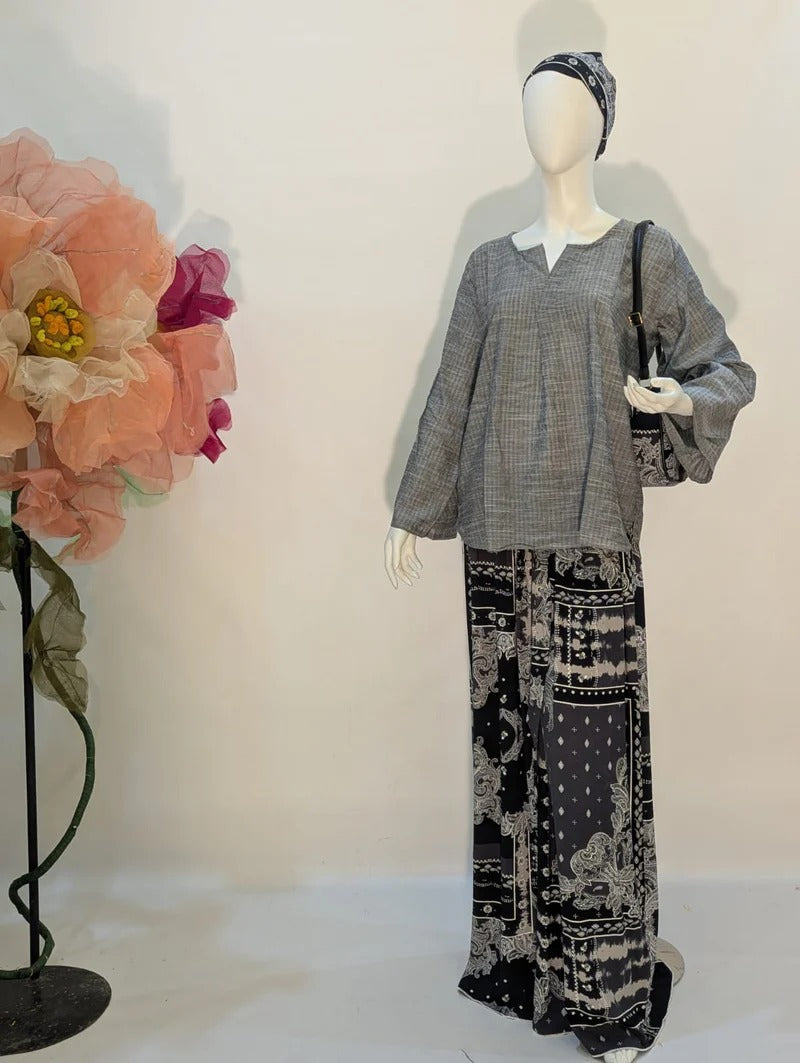 Grey Tunic & Printed Palazzo Set | Women's Co-Ord Two-Piece Outfit