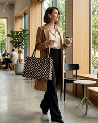 Geometric Pattern Handbag for Women – Trendy Black & Beige Tote Bag