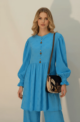 Azure Textured Co-Ord Set | Blue Long Sleeve Maxi Dress with Button Detail