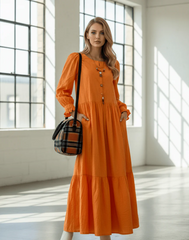 Textured Co-Ord Suit Set | Orange Maxi Dress with Button Detail & Gathered Cuffs