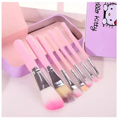 Hello Kitty 7-Piece Makeup Brush Set | Soft Pink Brushes with Purple Metal Storage Case