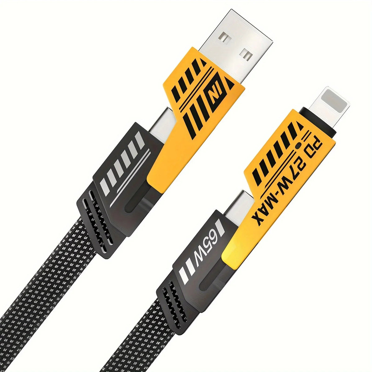 4-in-1 Fast Charging Cable 65W PD – USB-C, USB-A & Multi-Connector Data Sync Cable for Laptop, iPhone, iPad & Android | Braided Copper Core (Golden, 5ft)
