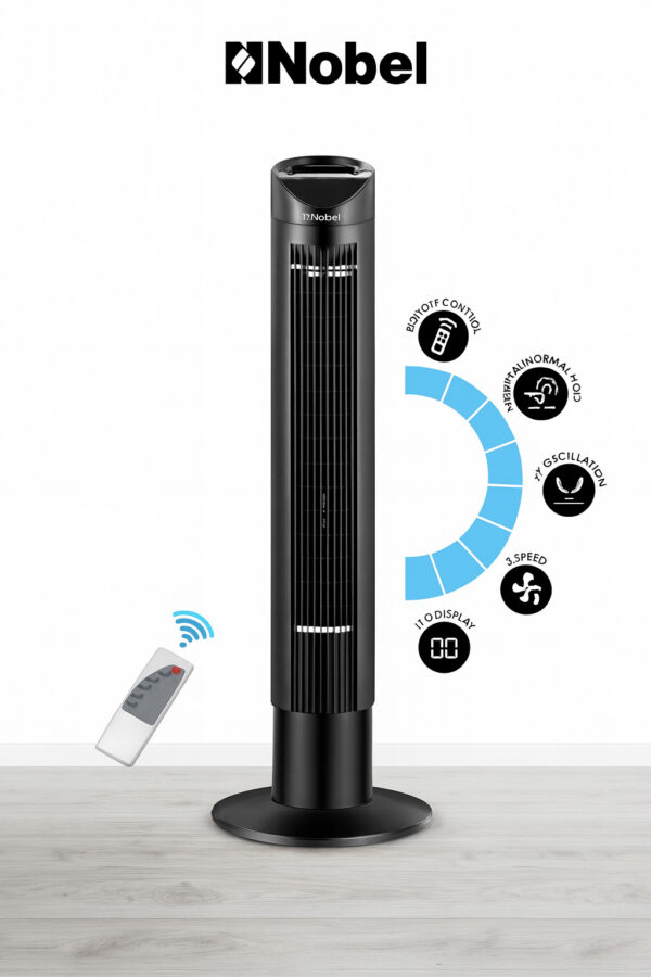 Nobel Tower Fan with Remote – 3 Speeds & 15-Hour Timer
