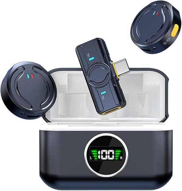 Wireless Microphone with Charging Cabin – Dual iOS & Type-C Mics